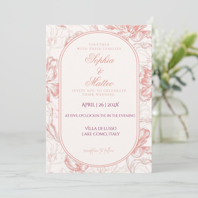 Faire-part de mariage élégant à l'arche florale ro (Debout devant)