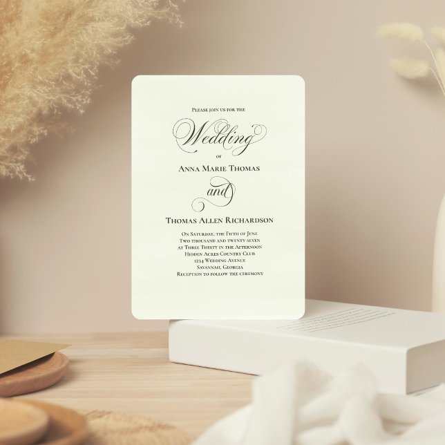 Faire-part de mariage élégant à l'écriture botaniq (Elegant sage green script invitation with timeless minimalist layout.)
