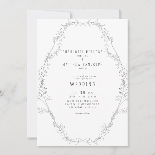 Faire-Part de Mariage Élégant à Main Feuillage Vin (Devant)