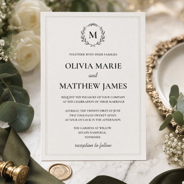Faire-part de mariage élégant à monogramme vert ch (Elegant Hunter Green Monogram Wedding Invitation | Luxury Minimalist Wedding Suite)