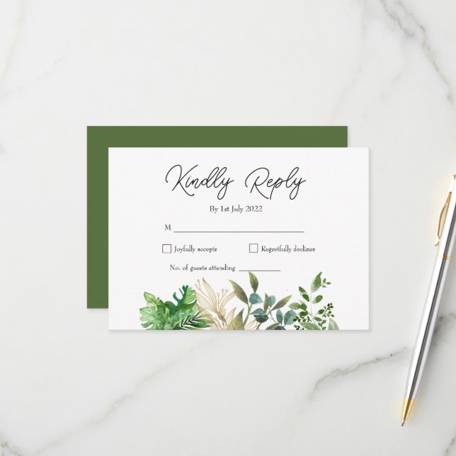Faire-part de mariage élégant à motif de feuille b (Devant/Arrière en situation)