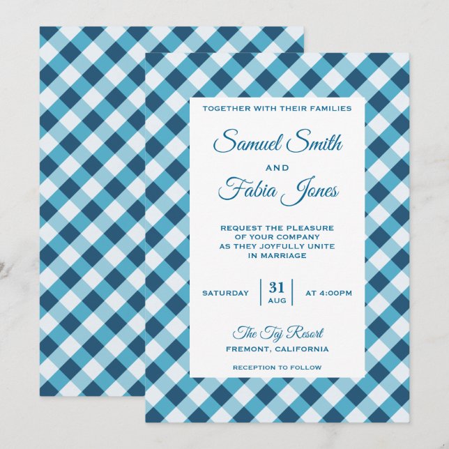 Faire-part de mariage élégant à motif gingham bleu (Devant / Derrière)