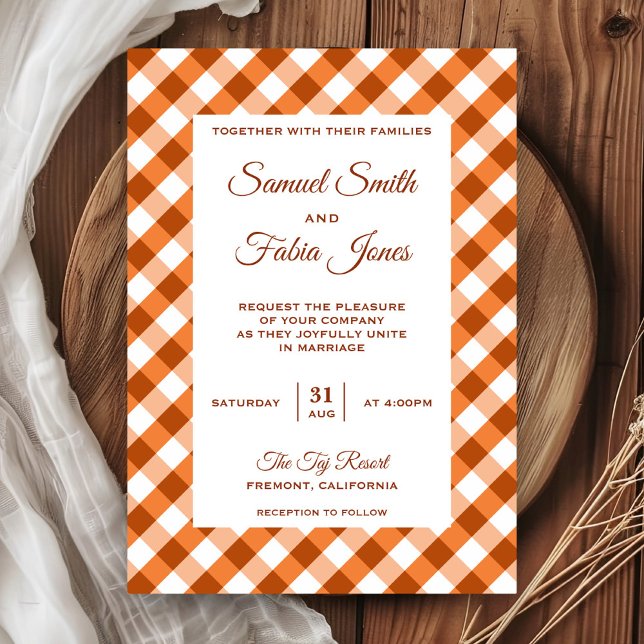 Faire-part de mariage élégant à motif gingham oran (Créateur téléchargé)