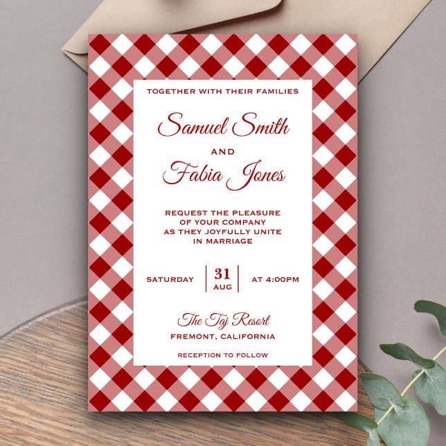Faire-part de mariage élégant à motif gingham roug (Créateur téléchargé)