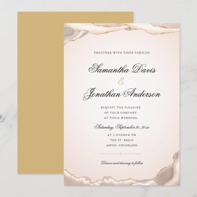 Faire-part de mariage élégant Agate Pailleté Or Ro (Devant / Derrière)