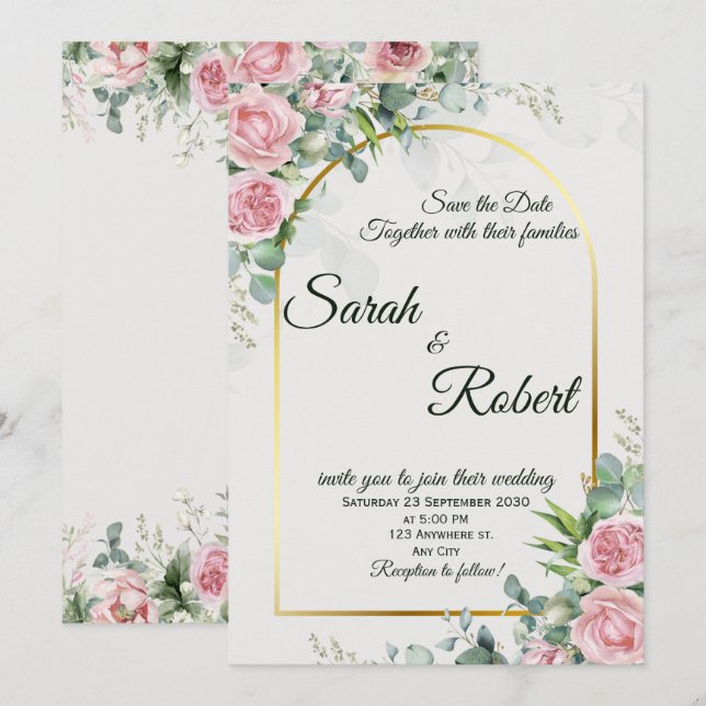 Faire-part de mariage élégant Arche dorée Fleurs r (Devant / Derrière)