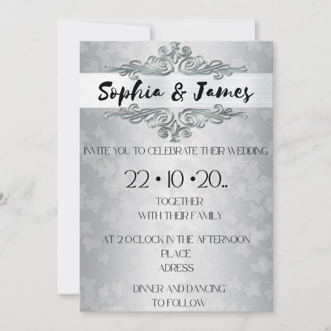 Faire-Part de Mariage Élégant Argent Baroque – Sur (Devant)
