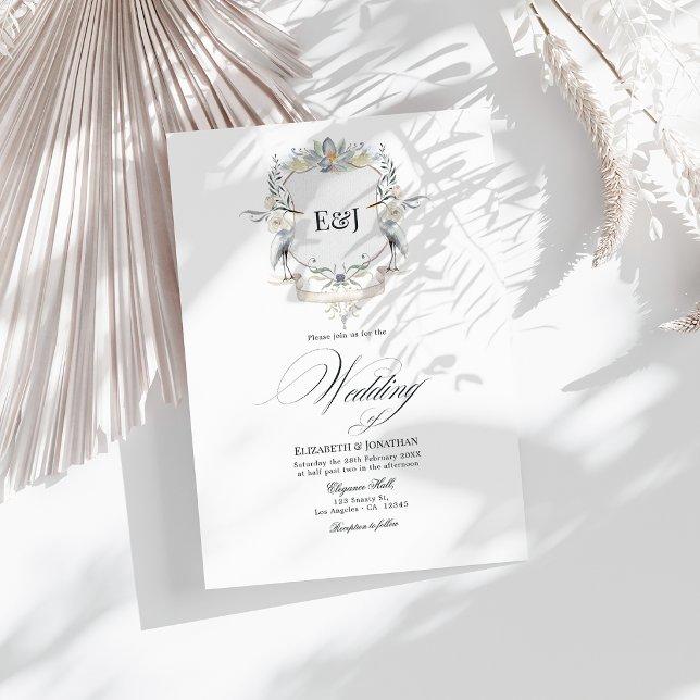 Faire-part de mariage élégant au monogramme de Hér (Herons Monogram Crest Elegant Lake Wedding Invitation)