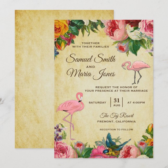 Faire-part de mariage élégant aux flamants roses f (Devant / Derrière)