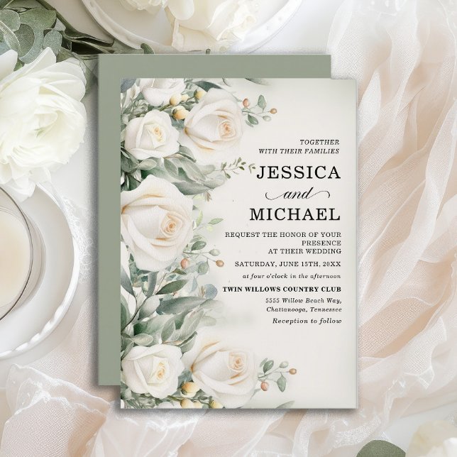 Faire-part de mariage élégant aux roses blanches (Elegant white roses wedding invitation)