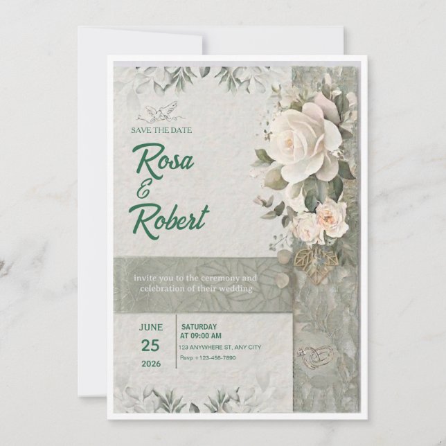 Faire-part de mariage élégant aux roses blanches e (Devant)