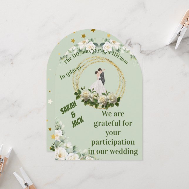 Faire-Part de Mariage Élégant avec Arche Verte et  (Devant/Arrière en situation)