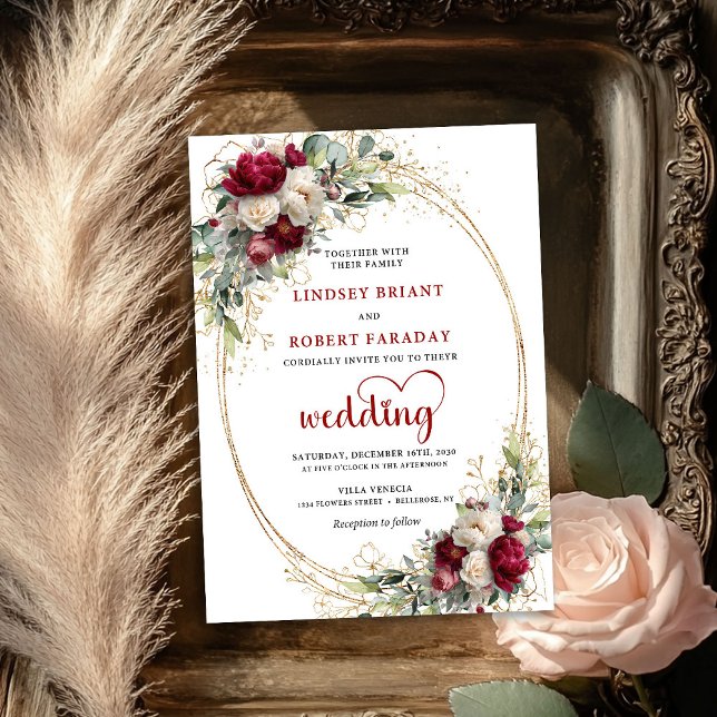 Faire-part de mariage élégant avec cadre doré et f (Burgundy Floral Gold Frame Elegant Wedding Invite)