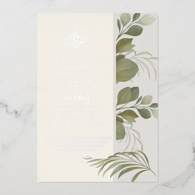 Faire-Part de Mariage Élégant avec Feuille d'Argen (Recto)