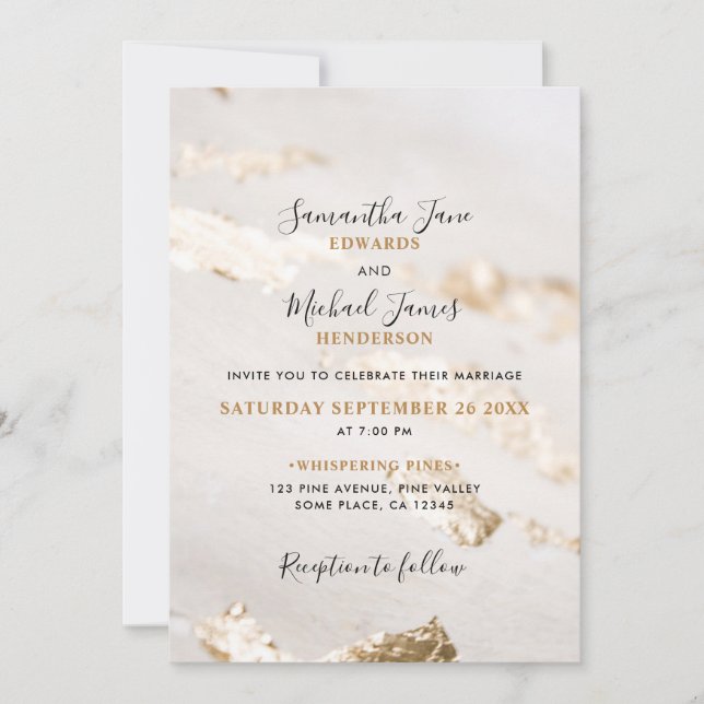 Faire-part de mariage élégant avec feuille d'or fa (Devant)