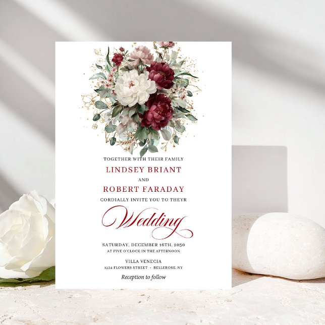 Faire-part de mariage élégant avec fleurs bordeaux (Elegant Burgundy and White Flowers Wedding Invitation)