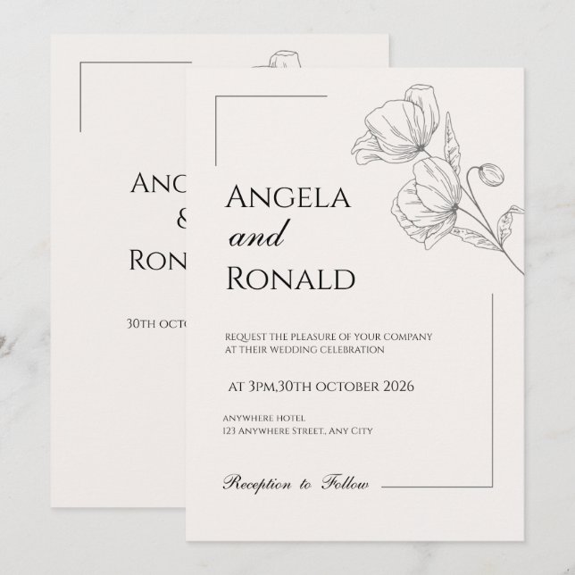 Faire-part de mariage élégant beige floral minimal (Devant / Derrière)