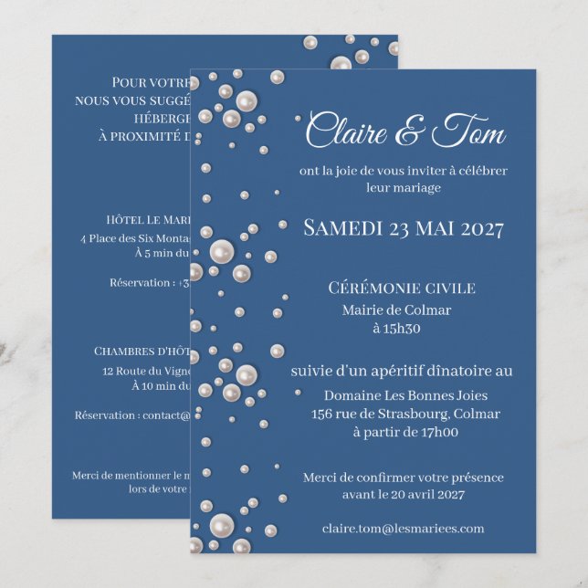 Faire-part de mariage élégant bleu marine  (Devant / Derrière)