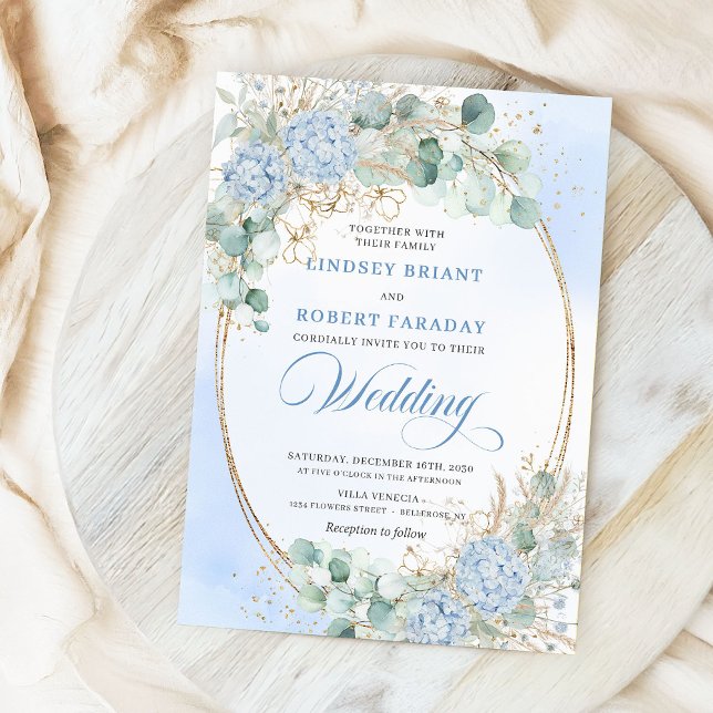 Faire-part de mariage élégant Bleu pastel Hydrange (Pastel Blue Hydrangea Wheat Elegant Wedding Invitation)