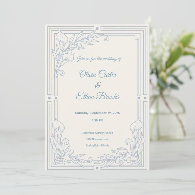 Faire-part de mariage élégant bleu poussiéreux (Debout devant)