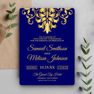 Faire-part de mariage élégant bleu roi et or damas