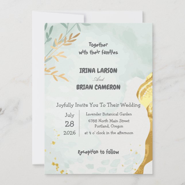 Faire-part de mariage élégant bleu sauge et or (Devant)