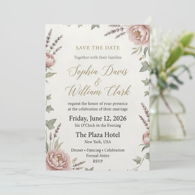 Faire-part de mariage Élégant Blush Peony (Debout devant)