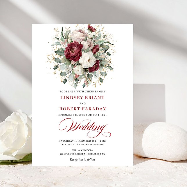 Faire-part de mariage élégant bordeaux blanc flora (Elegant Burgundy White Floral Gold Wedding Invitation)