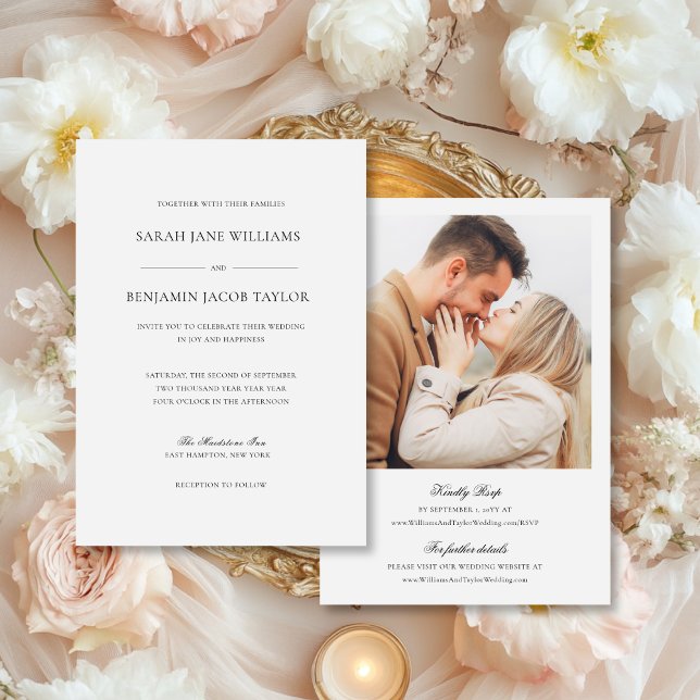 Faire-part de mariage élégant de Sarah avec RSVP (This luxury wedding invite with RSVP features an elegant script font and an engagement photo.)