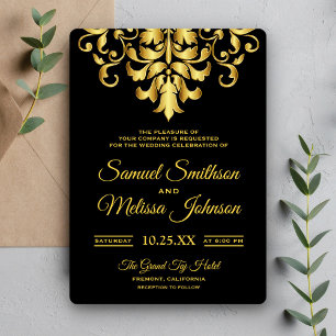 Faire-part de mariage élégant en damas noir et or