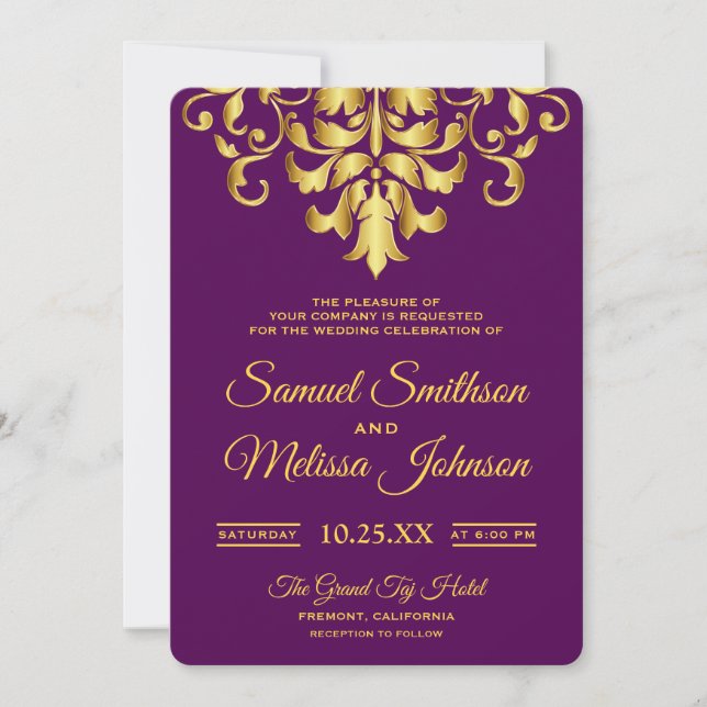Faire-part de mariage élégant en damas or et viole (Devant)