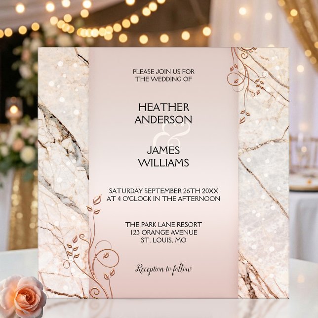 Faire-part de mariage élégant en marbre rose gold  (Wedding invitation featuring rose gold floral swirls on pink marble with elegant  light sparkles)