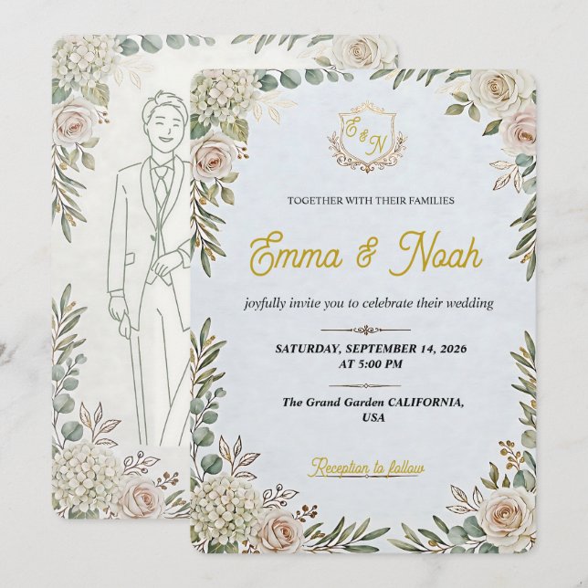 Faire-part de mariage élégant et editable couleur  (Devant / Derrière)
