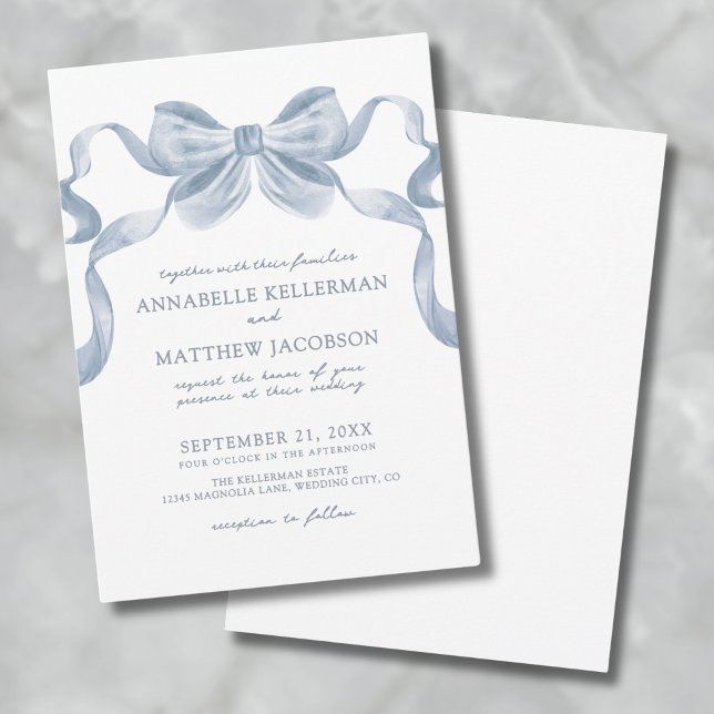 Faire-part de mariage élégant et fantaisiste avec  (Dusty Blue Bow Whimsical Elegant Wedding Invitatio Invitation)