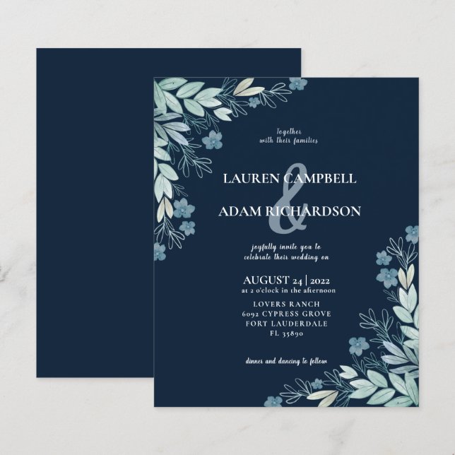 Faire-Part de Mariage Élégant et Feuillage Bleu à  (Devant / Derrière)