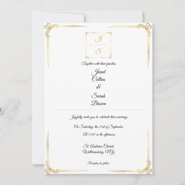 Faire-part de mariage élégant et intemporel en or (Devant)
