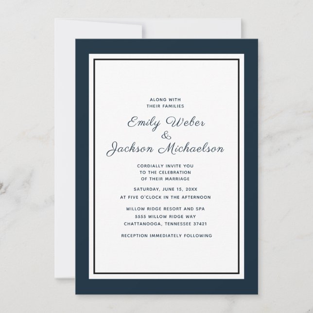 Faire-part de mariage élégant et moderne bleu mari (Devant)