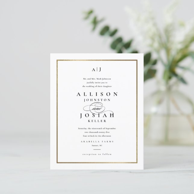 Faire-part de mariage élégant et monogramme doré à (Debout devant)