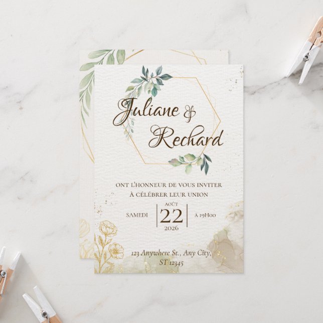 Faire-part de Mariage Élégant et Romantique Intemp (Devant/Arrière en situation)