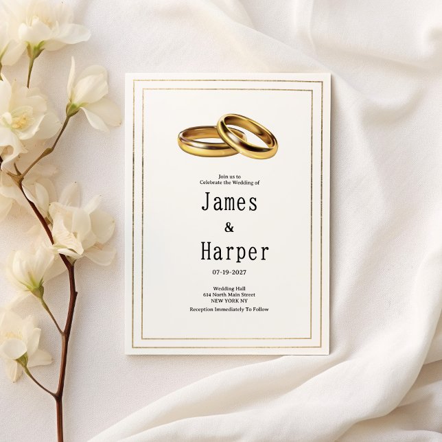 Faire-part de mariage élégant et simple bague blan (Simple elegant white and gold rings Wedding )