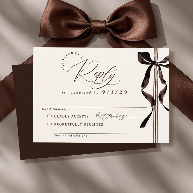 Faire-part de mariage élégant et simple en aquarel (Elegant modern watercolor brown coquette bow script ivory wedding invitation formal rsvp reply card)
