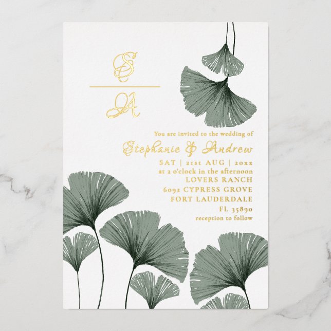 Faire-part de mariage élégant feuille verte écritu (Recto)