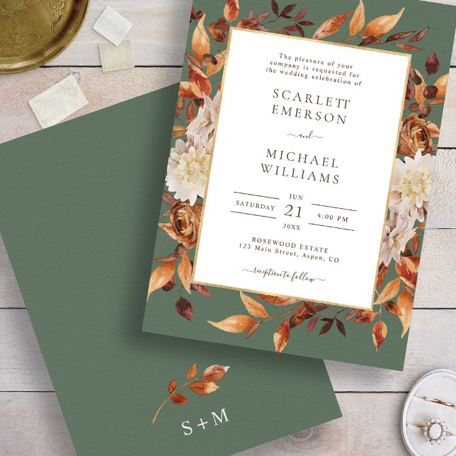 Faire-part de mariage Élégant Feuilles d'Automne (Sage Green Elegant Fall Leaves Wedding Invitation
)