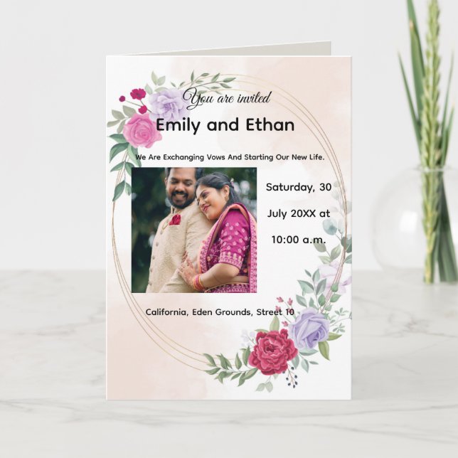 Faire-part de mariage élégant floral avec couple. (Devant)
