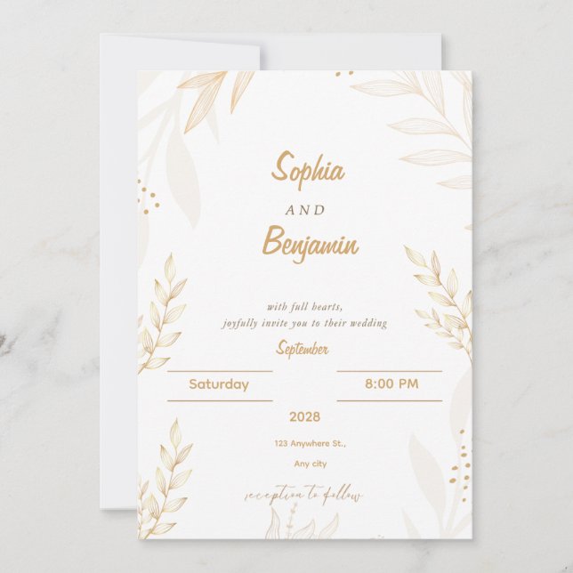 Faire-part de mariage élégant floral beige blanc (Devant)