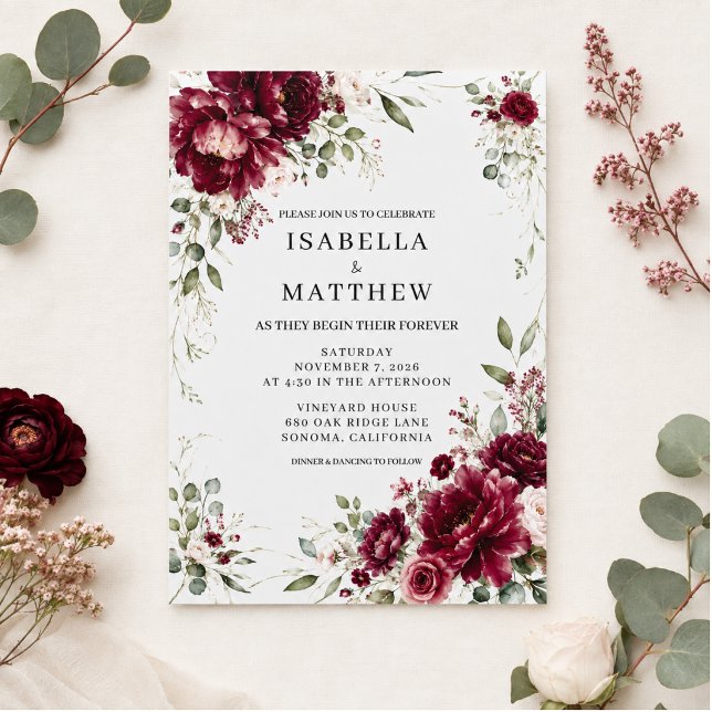 Faire-part de mariage élégant floral Bourgogne (Créateur téléchargé)