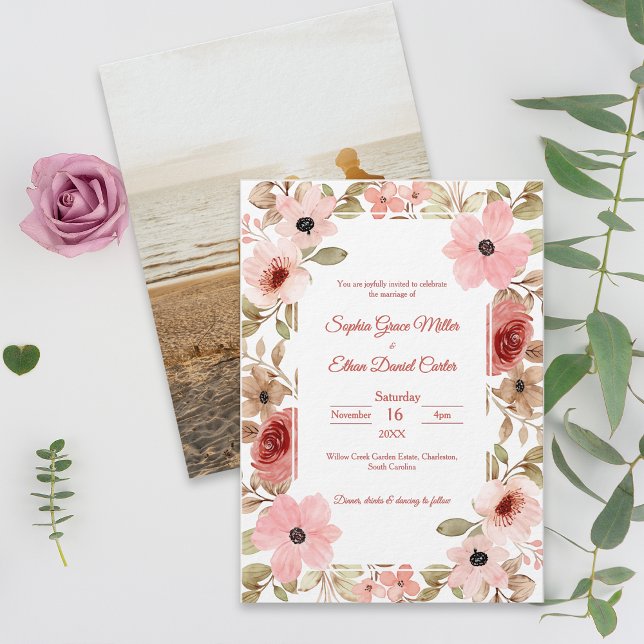 Faire-part de mariage élégant floral rose avec pho (Blush Floral Elegant Photo Wedding Invitation)