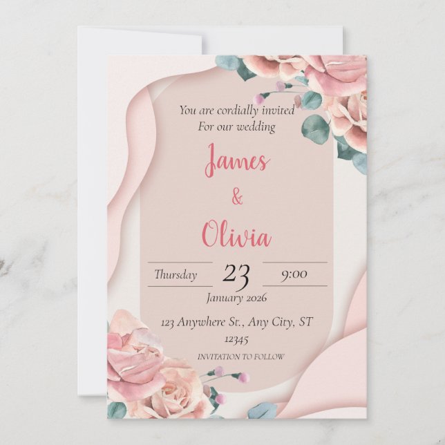 Faire-part de mariage élégant floral rose blush (Devant)