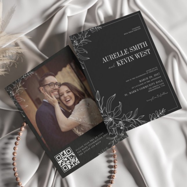 Faire-part de mariage élégant floral rustique noir (Créateur téléchargé)