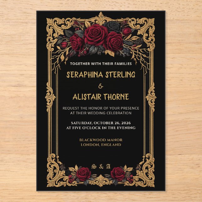 Faire-part de mariage élégant gothique rose or noi (Recto)